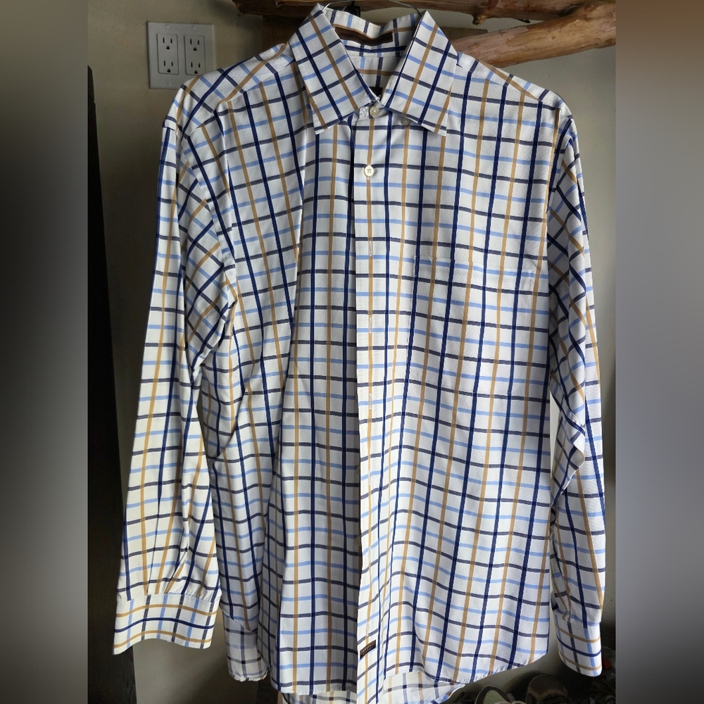 Robert Talbott White and Blue Checkered Shirt Size L